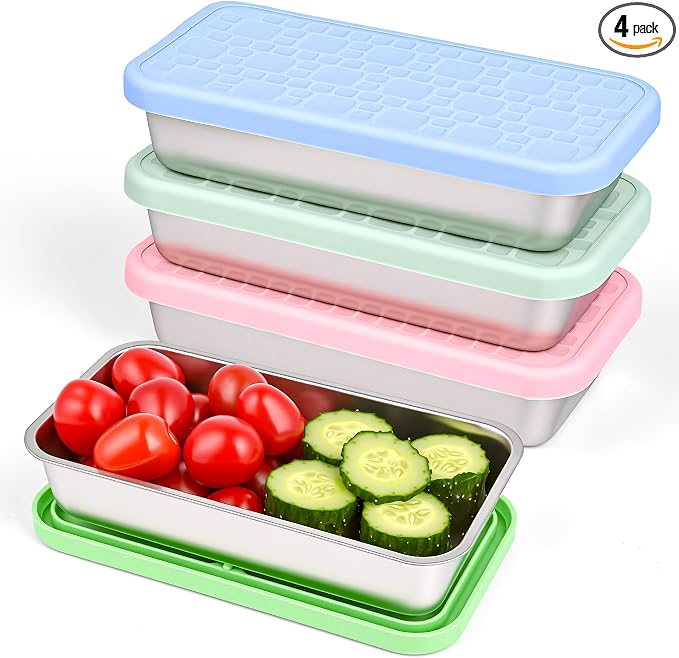 4 Pack Stainless Steel Snack Containers, Leak-Proof 2 Compartment Lunch Boxes with Silicone Lids, Reusable Metal Snack Box for Meal Prep, Travel, Outdoor & Daily Use (1 Compartment – A)