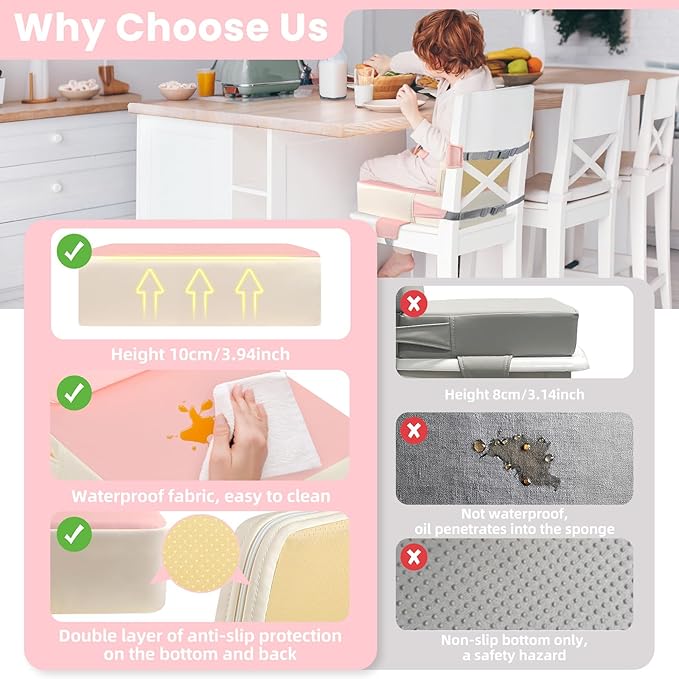 Toddler Booster Seat for Dining Table with Adjustable Straps, Kids Booster Seat for Kitchen Chair with Non-Slip Bottom, PU Anti-Scratch Portable Detachable Increasing Cushion (Pink)