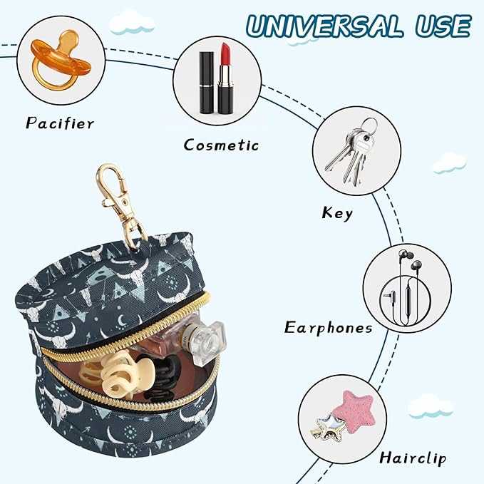 Western Cowboy Skull Blue Print Pacifier Holder Case with Metal Clip Portable Pacifiers Pouch for Travel