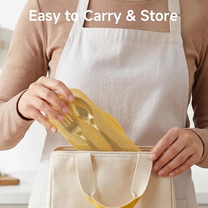 KINGSTONE 2-Piece Toddler Utensils Set, Small Fork & Spoon with Storage Case, 18/10 Stainless Steel, Lightweight, Ergonomic for Self-Feeding, Travel & Portable Kids Flatware, Honey Bear Print