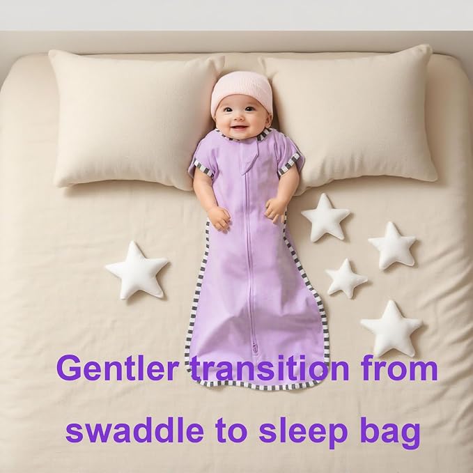 Transitional Baby Sleep Sack 2-Pack, 100% Cotton Newborn Wearable Blanket, Arms Up Design with 2-Way Zipper, Breathable Swaddle for Infants Boys Girls (Purple + Tan, Large 6-9 Months)