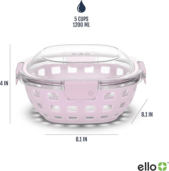 Ello DuraGlass Food Storage Glass Lunch Bowl Container - Meal Prep Container with Silicone Sleeve and Airtight Lid, 5 Cup, Cashmere Pink