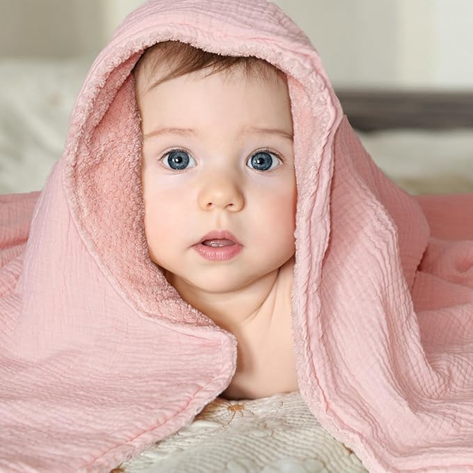 Soft & Breathable Baby Organic Cotton Muslin Blanket with Warm Flannel Lining, Unisex Crib Blanket for Toddlers, Large 43x43 Inches (Pink)