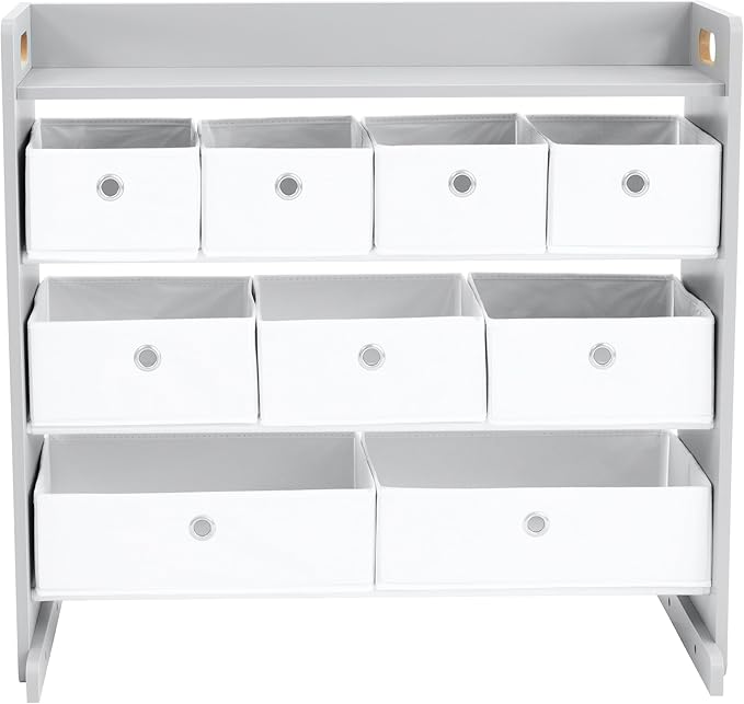 Humble Crew Toy Storage Organizer with Top Shelf and 9 Fabric Bins, Grey/White ??Toddler Bookshelf with Toy Organizer - Modern Toy Rack Ideal for Kids' Rooms, Playrooms, and Nurseries