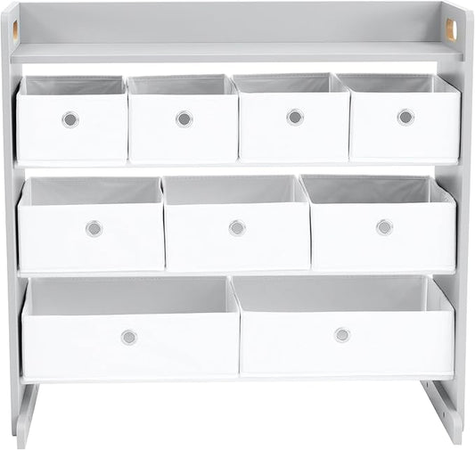 Humble Crew Toy Storage Organizer with Top Shelf and 9 Fabric Bins, Grey/White ??Toddler Bookshelf with Toy Organizer - Modern Toy Rack Ideal for Kids' Rooms, Playrooms, and Nurseries