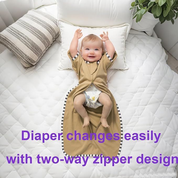 Swaddle Blanket Sack 2-Pack, 100% Cotton Baby Sleep Sack, Arms Up Design with 2-Way Zipper, Breathable Newborn Swaddle for Boys Girls (Light Green + Tan, Medium 3-6 Months)