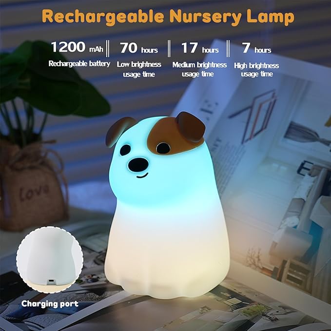 Night Light for Kids, 7 Colors Rechargeable Cute Soft Silicone Puppy Lamp with Timer, Dimmable Nursery Night Lights Kawaii Room Decor, Silicone Night Light Gift for Baby Toddlers Boys Girls (RGB)