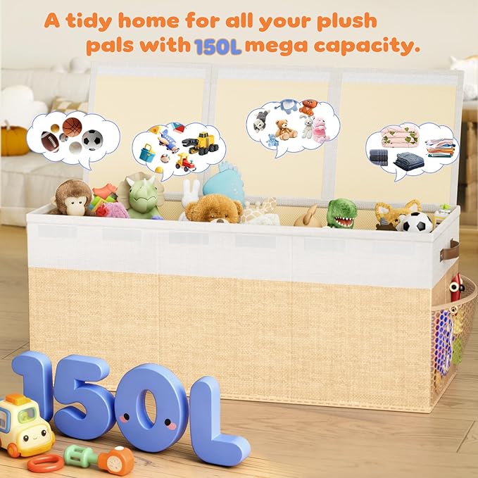 Dayacoco Extra Large Toy Box Chest with Lids, Collapsible Sturdy Kids Toy Storage Organizer Boxes for Boys Girls, Collapsible Sturdy Toys Chest Storage Organizer Bin Basket,40"X14"X16", Beige & White