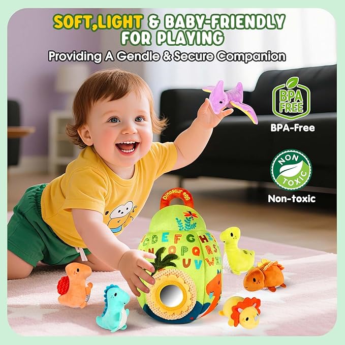 FREYBLI Baby Toys 6-12 Months - Soft Dinosaur Egg Toy with Rattle, Crinkle Paper, Squeaker, Mirror - Montessori Toys for 6 Month Old Developmental, Boy Girl Gifts Baby Easter Basket Stuffers
