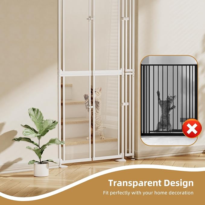 YUFU 75"-98" Extra Tall Cat Gate, Clear Width Adjustable Dog Gate for Doorways, Stairs, Hallways, Auto-Close No Drilling Pet Safety Gate Transparent Barrier for Dogs Cats (White)