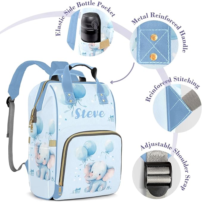 Cute Elephant Large Personalized Diaper Bag Backpack for Baby Boy with Name, Thermal Pockets, Waterproof Custom Baby Bags for Boys, Multi-functional Customized Nappy Bag Mom Travel Daypack