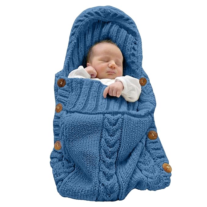 XMWEALTHY Newborn Baby Wrap Swaddle Blanket Knit Sleeping Bag Receiving Blankets Stroller Wrap for Baby Blue 0-6 Month
