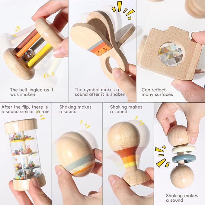 Wooden Baby Rattle Set, 7-in-1 Montessori Toys for Infants 0-6 Months, Moonkie Natural Wooden Baby Toys with Sensory Musical Instruments & Storage Bag
