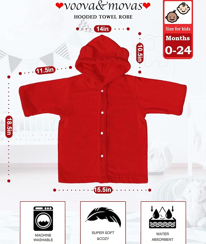 VOOVA & MOVAS Baby Hooded Towel with Bear Ear, 0-24Months | 100% Cotton, Ultra-Soft & Absorbent | Gentle for Sensitive Skin, Bath, Pool & Beach Towel | Newborn (Red)