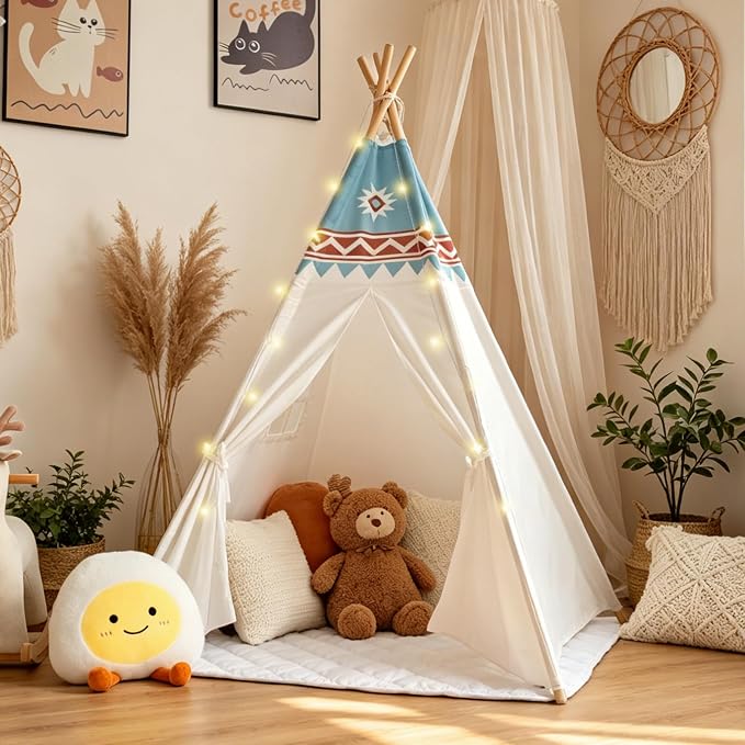 RONGFA Teepee Tent for Kids, 100% Cotton Play Tent with Mat, Kids Teepee Tent with Colored Flag, Quality Portable Play Tent with Carry Bag for Girls and Boys Indoor Outdoor (Beige Blue with Mat)