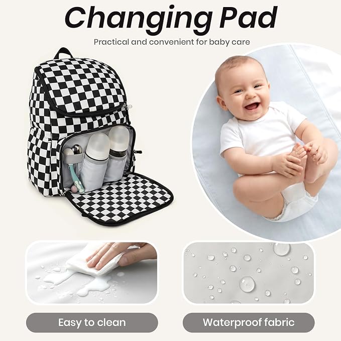 FHELAD Checkered Diaper Bag Backpack with Changing Pad & Stroller Clips, Large Travel Baby Diaper Bag for Newborn Moms, Baby Shower Gifts (Obsidian Black)
