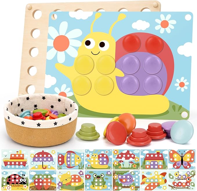 Joyreal Montessori Toys for 2 Year Old, Wooden Button Art Toys for 2 3 4 Year Old Girls Boy Birthday Gifts, Color Matching Puzzle Pegboard Button Game for Learning Educational Toys for Toddlers 2-4