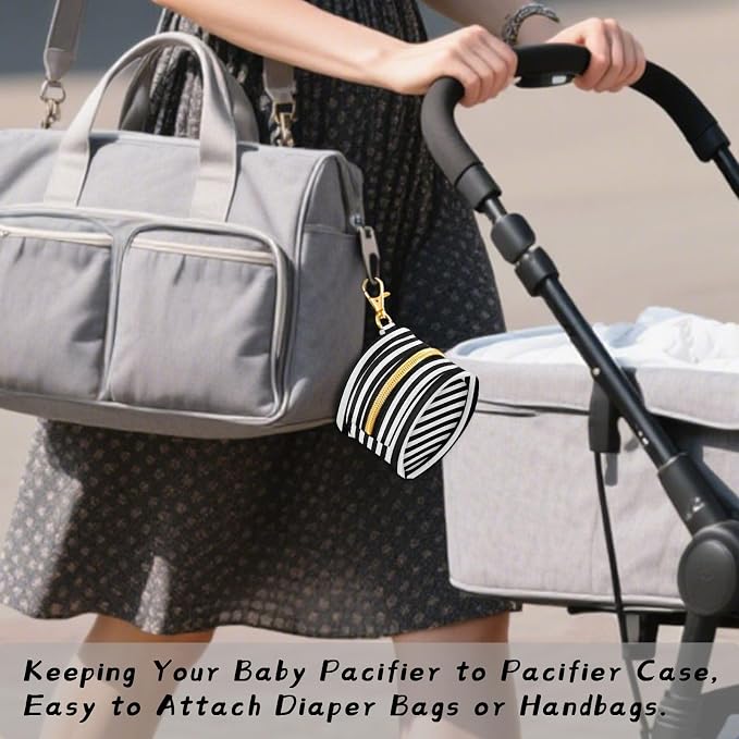 Black White Stripes Print Pacifier Holder Case with Clip Portable Pacifier Storage Bag for Girls Boys