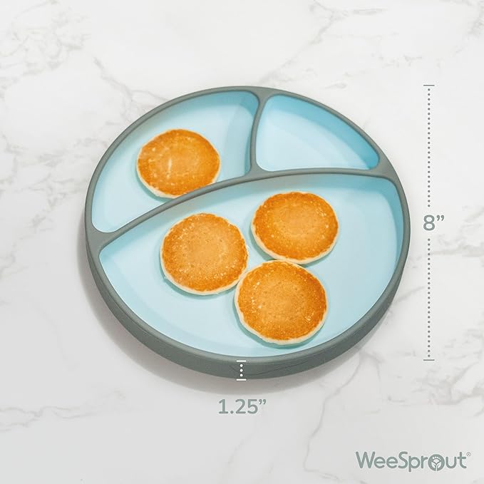 WeeSprout Toddler Plate with Suction Base ??Two-Tone Baby Plate with Dividers, Food-Grade Silicone (Matte Green/Sky)