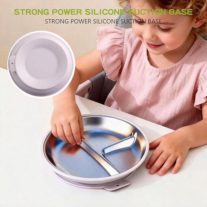 Greentainer 3 Pack Stainless Steel Baby Suction Plates, Divided Toddler Plates with Removable Silicone Sleeves, Unbreakable Kids Dishes for Dinner & Snack, Non-Toxic, Dishwasher Safe
