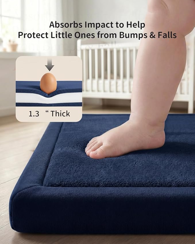 Goyuu Ultra Soft 1.3" Thick Baby Play Mat for Floor, 79x118 Playpen Mat Elasti-Foam Padded Crawling Mat for Babies, Toddlers, Infant, Kids, Non-Slip Backing Safe for Tummy Time, Dark Blue