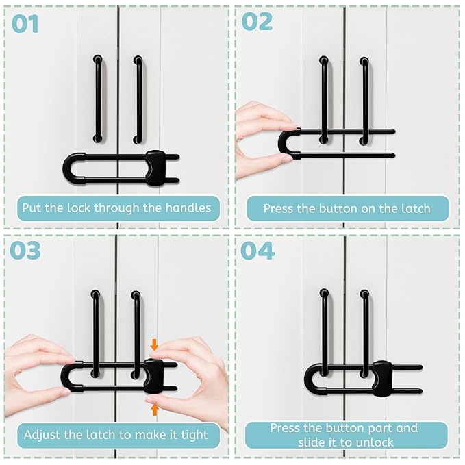 Baby Proofing Cabinets, Sliding Cabinet Locks for Babies, Adjustable U Shaped Baby Safety Locks, Childproof Cabinet Latch for Kitchen, Bathroom, Drawer, Cupboard Doors Knobs & Handles (6 Pack Black)