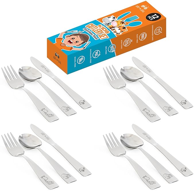Kids Utensils Silverware Set ??2-Piece Toddler Silverware Includes 4 Forks 4 Spoons and 4 Kid-Friendly Knives - Cutlery Metal Flatware Set for Preschooler Baby Child