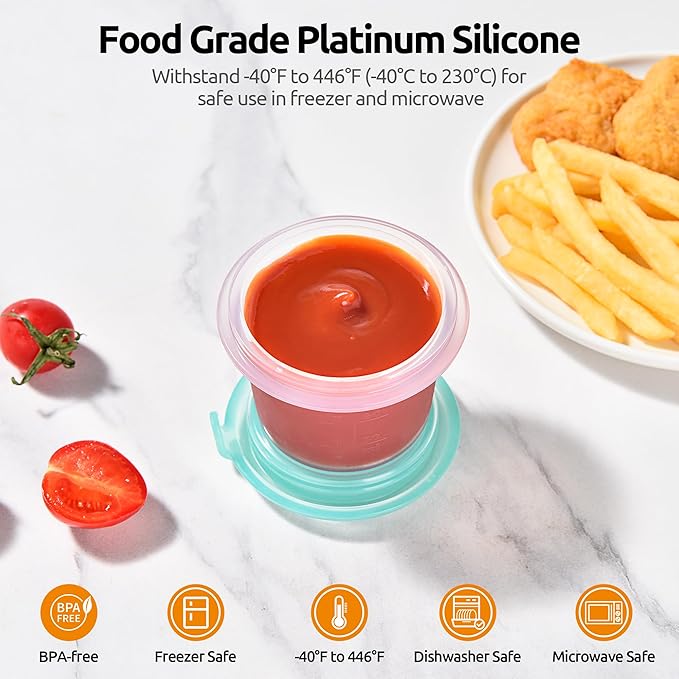 U-Taste 2oz Silicone Food Container: Mini Kitchen Storage with Airtight Lid, Freezer & Microwave Safe, Dip Box with Date Marking Circle, Clear Round Stackable for Sauce, Dressing, Condiment -Aqua Sky
