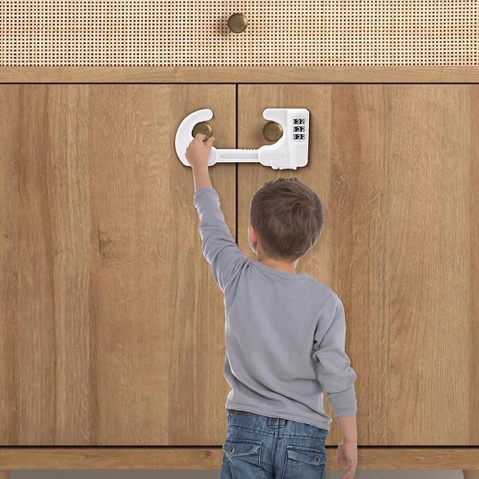 4 Pack Cabinet Locks with Combination Baby Proof Cabinet Door Lock Multifunctional Adjustable Child Safety Lock Knobs Door Lock for Home Refrigerator Doors Cabinet Knobs Double-Door Cabinet (White)