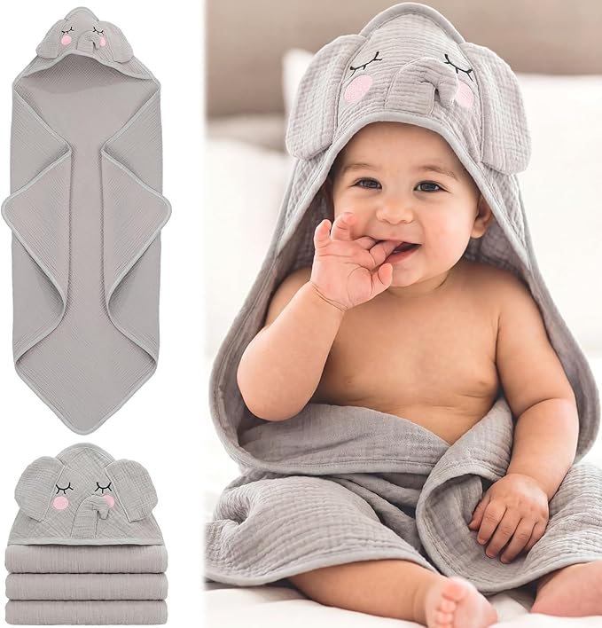 Mindsoft Muslin Hooded Baby Towel 100% Cotton Soft Absorbent Bath Towel with Cute Gray Elephant Design 32 x 32 Inch Muslin Baby Bath Essentials for Boys Babies Infant Toddler Kids