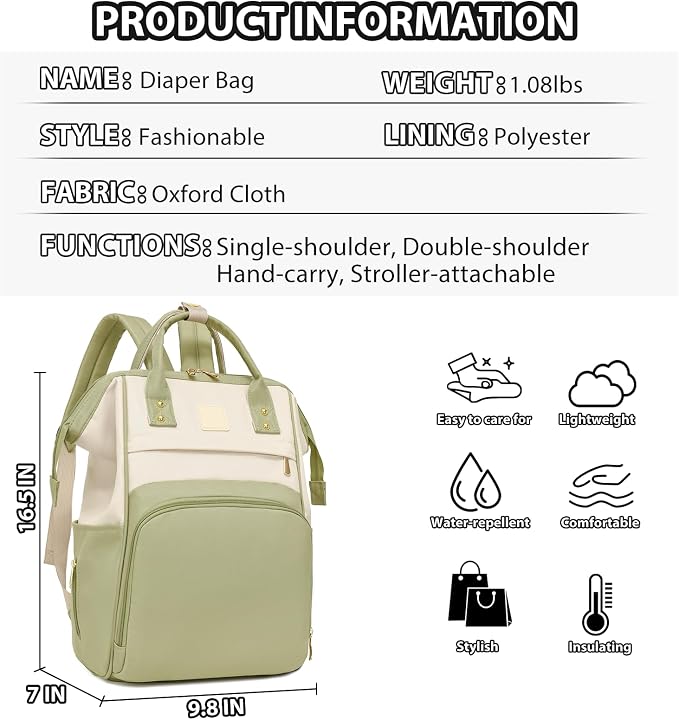 Baby Diaper Bag, Nappy Changing Backpack with Insulated Pockets,Multi-Waterproof Backpack Baby Essentials Travel for for Boys Girls, Multipurpose Travel Back Pack Moms Dads(Green)