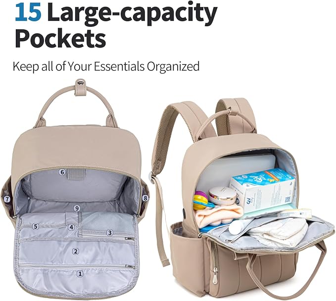 Baby Diaper Bag Backpack with Laptop Compartment 15.6 inch, Baby Essentials Travel Baby Bag Leather Backpack