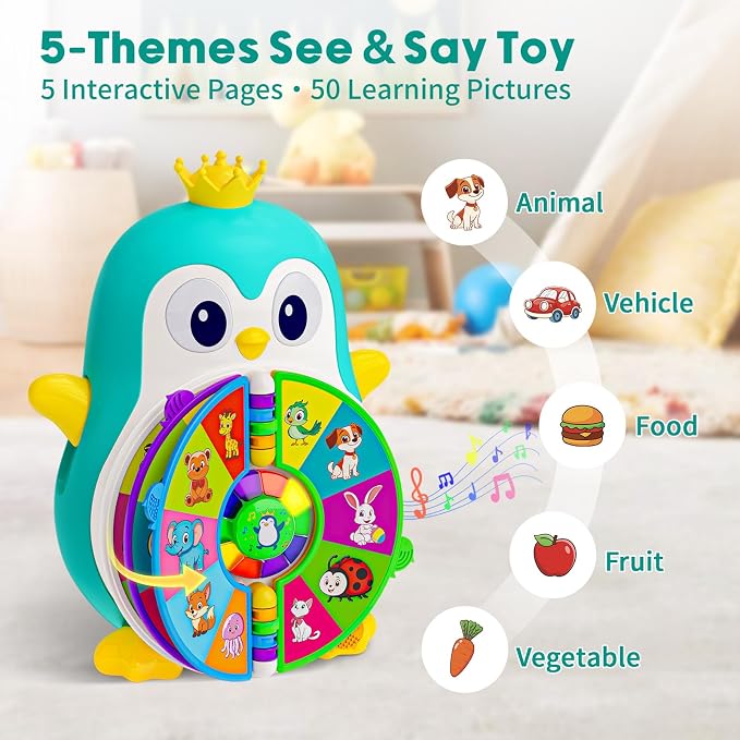 Vahome Musical Penguin Educational Toys for 1,2 Year Old Boy Gifts, Learning Toy for Toddlers 1-3 Yr with 5-Theme Pages, Lights & Music, First Birthday Gift for 1-2 Year Old 12-18 Month Age (Blue)