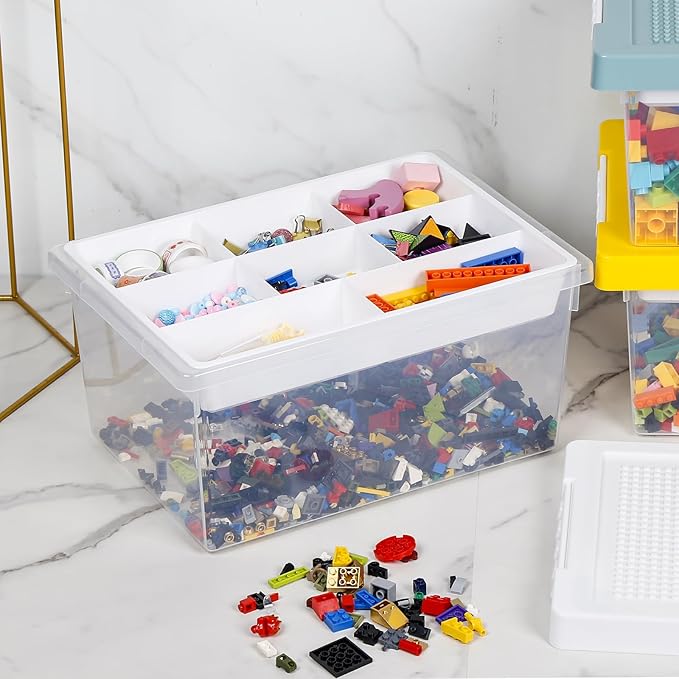 loobuu Plastic Storage Bins with Lids - 1 Set Stackable Arts Crafts Organizer Box with Removable Divided Tray &Compatible Building Baseplate,Toy Chest Containers for Bricks -White(14.37"x9.64"x6.69")