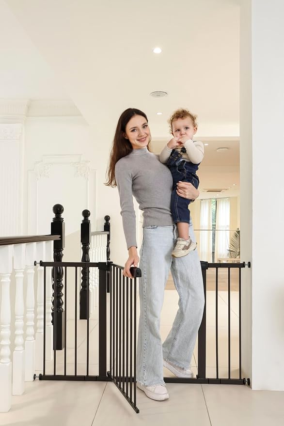 53.46"-55.63" Baby and Pet Safety Gate, 30" Tall Metal Walk-Thru Gate for Doorways & Stairs, Easy One-Hand Open, Dual Lock, Extensions & Wall Mounts Included (Brown, 29"-54" W x 30.5“H)