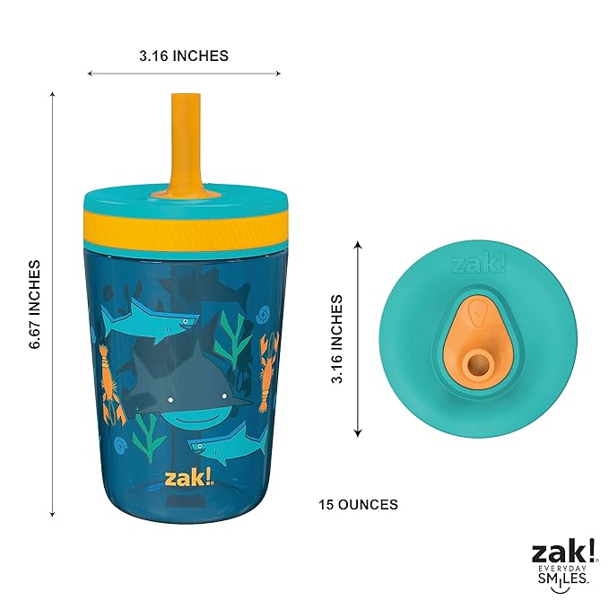 Zak Designs Kelso 15 oz Tumbler Set, (Underwater) Leak-Proof Screw-On Lid with Straw Made of Durable Plastic and Silicone, Perfect Bundle for Kids (2pc Set)