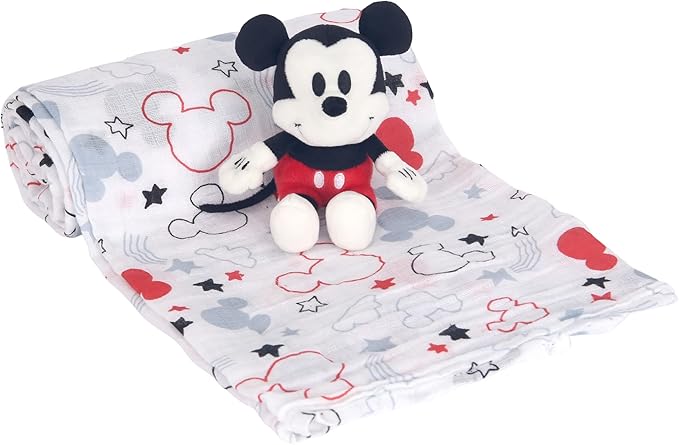 Lambs & Ivy Disney Baby Mickey Mouse Muslin Swaddle Blanket & Plush Gift Set