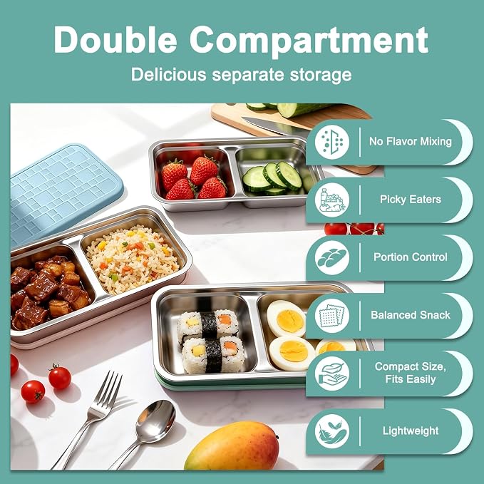 3 Pack 15 oz Stainless Steel Snack Containers for Kids | Metal Snack Box with Silicone Lids,2 Compartment Stackable Toddler Lunch Containers with Insulated Bag for School Travel