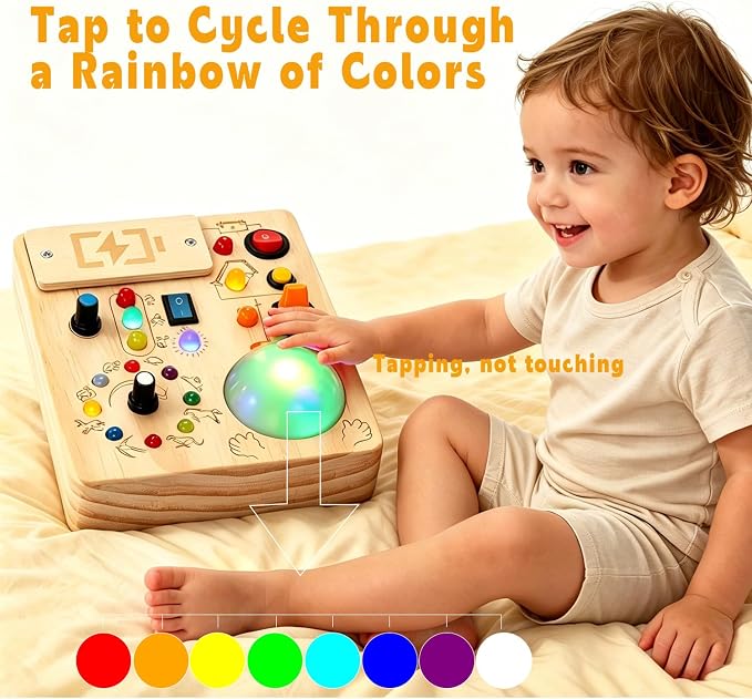 Toddler Busy Board ,Montessori Toy with Tap Light ,6.9"x5.9" Wooden Busy Board with LED Traffic Light for Kids , Travel Sensory Toys for 1+ Year Old baby Christmas/Birthday Gift(Battery Not Included)
