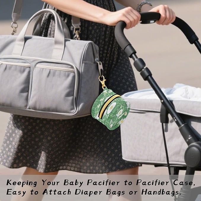 Pacifier Holder with Clip Pacifier Case for Diaper Bag Round Baby Pacifier Pouch Box Bag Portable Green Dandelion and Daisy01