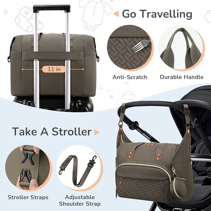 Tenot Diaper Bag Tote with Pacifier Case, Baby Bag for Women with Shoulder Straps, Travel Diaper Tote for for Mom and Dad Medium Size, Khaki