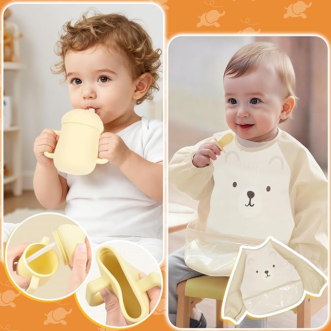 Baby Utensils Set?“Infant Feeding Essentials&Baby Plate Set?“Deluxe Silicone Feeding Mat,Long Sleeve Bibs,Training Cup,Spoon&Fork,Stainless Steel Set,Teethers,Toothbrush Kit ??in Gift Box for Newborns