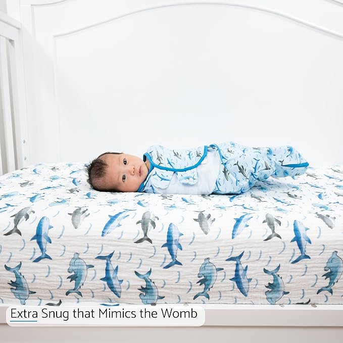 LollyBanks Baby Swaddles, 100% Cotton Baby Boy Sleep Swaddle, 3-6 Months Swaddle Sack for Boys with Easy Change Zipper, Ocean Themed Newborn Swaddles Nursery Swaddling Blankets (Shark Print)