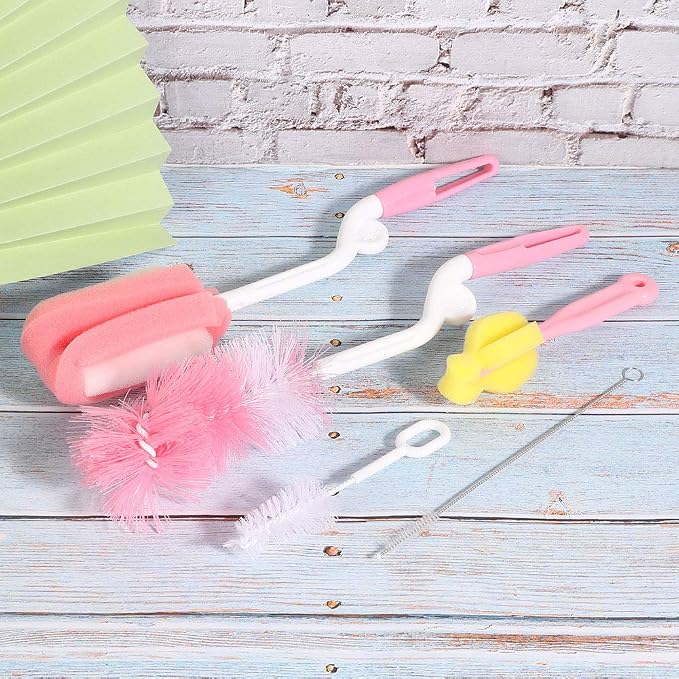 5PCS Baby Bottle Brush Set, Portable Sponge Bottle Brush Travel Kit Baby Children Cleaning Brush Sponge Set for Straw Feeding Bottle
