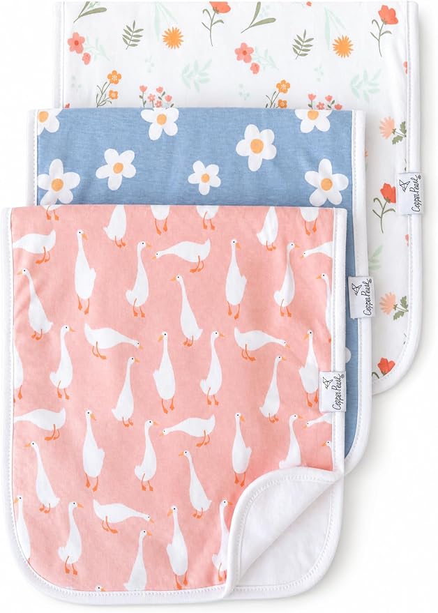 Copper Pearl Premium Baby Burp Cloths - 3-Pack Large Cotton Burp Cloths, Extra Soft Spit Up Rags with 3 Absorbent Layers, Perfect for Baby Girl Gifts (21" x 10" Size, Goosie Set)