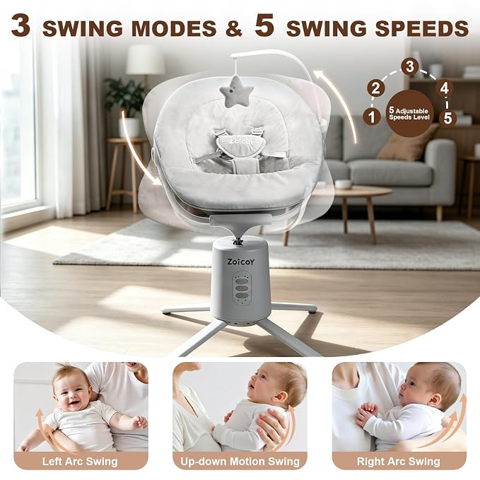 Zoicay Baby Swing,Baby Swings for Infants with 3 Modes & 5 Speeds, BT Enabled App & Remote Control, Electric Swing – 6 Melodies and 3 Timer Setting, 2 Seat Positions and 5-Point Harness Swing (Gray)