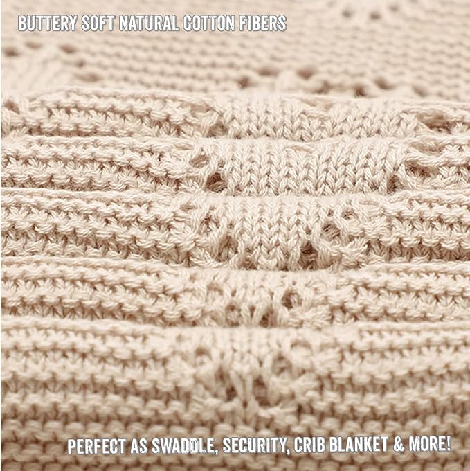 Heirloom Knit Heart Receiving Unisex Blanket for Boys and Girls - 100% Luxury Cotton Baby Blanket - Soft Warm Swaddle Receiving Blanket for Newborns Infants & Toddlers (Oatmeal)