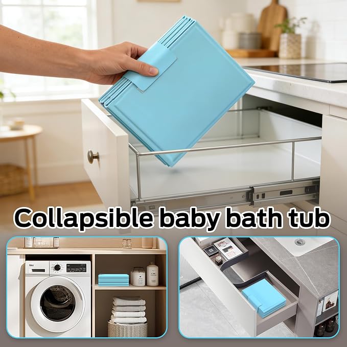 Foldable Baby Bathtub for Newborns & Toddlers, Collapsible Infant Bath Tub with Soft Cushion, Non-Slip Support & Drain Plug, Space-Saving Baby Tub for Small Bathrooms & Travel
