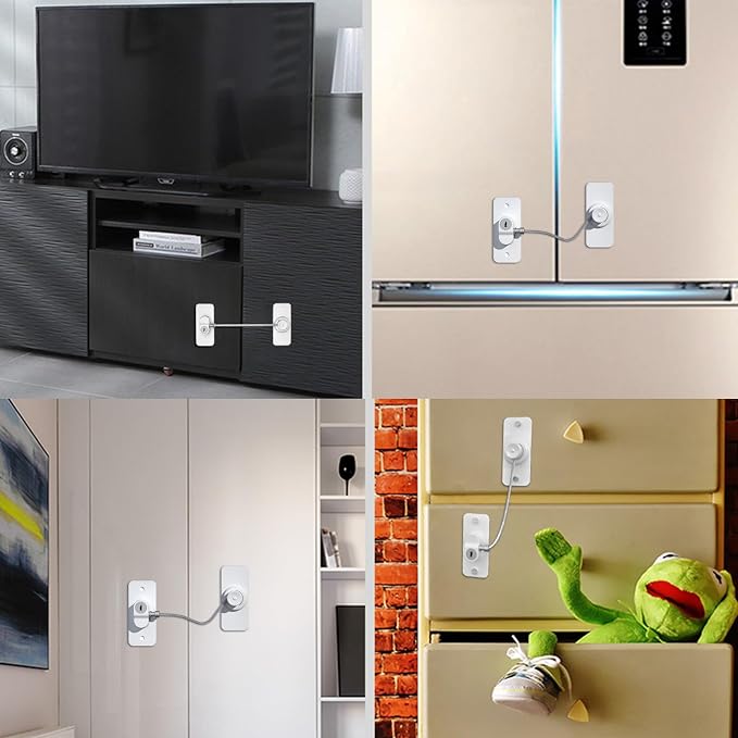 Fridge Lock (4 Pack),Refrigerator Lock with Keys,for Fridge, Cabinet Locks, Drawers, Dishwasher, Toilet and Child Safety Cabinet Locks, Traceless Adhesive No Drilling (White)