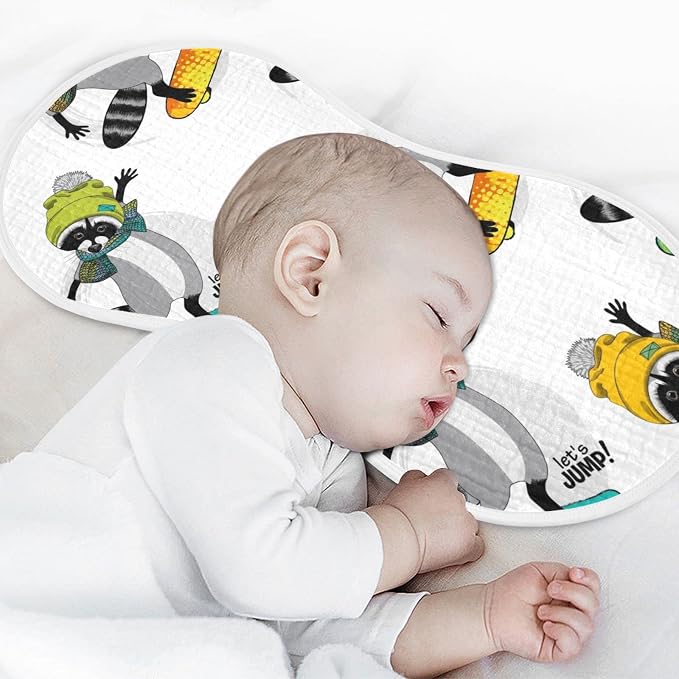 Raccoon and Skateboard Pattern Muslin Burp Cloths for Baby 1 Pack 100% Cotton Baby Washcloths Bibs for Boy Girl